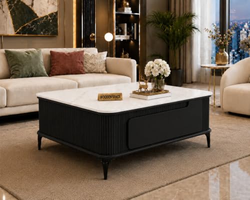 Image of WOODEN SPACE Premium Solo Marble-Top Wooden Center Table for Living Room | Iron Legs | PVD Coating | Modern Entryway Furniture | Coffee Table (Black, 42x42x18 Inch)