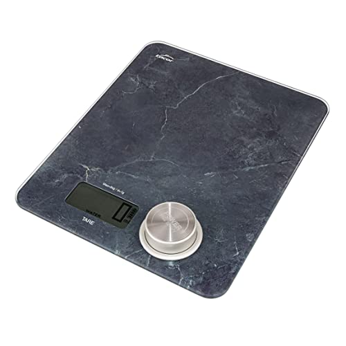 Lacor - 61720 - Báscula de cocina Eco Efecto Mármol, Sin pilas ni baterías, Sistema EcoMove, Cristal templado 4mm Extraplano, Pantalla LCD, Función Tara,Capacidad 5 kg, División 1g, 19x23,5x3,5 cm
