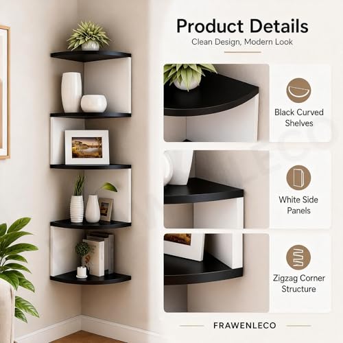 FRAWENLECO No-Drill Corner Shelf Wall Mount, 5-Tier Floating Corner Bookshelf with Hooks, Space-Saving Zigzag Plant Shelf for Bedroom, Living Room, Bathroom, Home Office(Black & White) — view 5