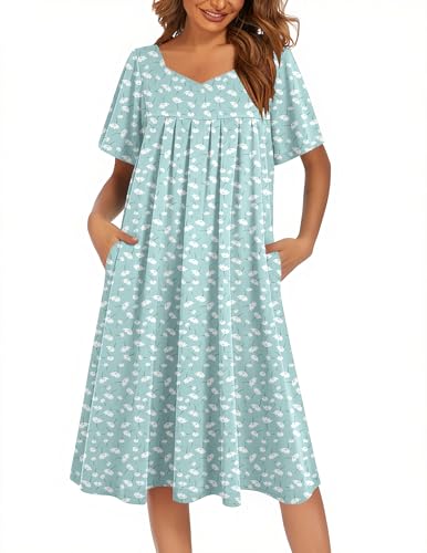 Image of Ekouaer Women's House Dress - Pleated Nightgown with Short Sleeves & Pockets