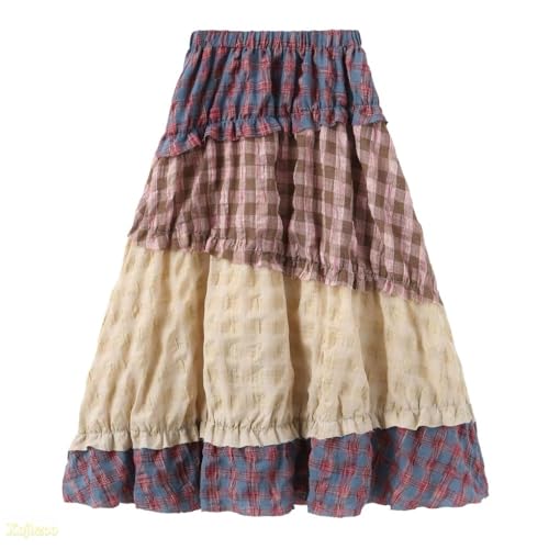 Patchwork Tiered Skirt Women's High Waisted Cotton Midi Skirt with Elastic Band, French Vintage Floral Print A-Line Dress (Picture Color,Medium)