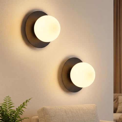 Image of Mid-Century Wall Sconces Ceiling Light Fixture,Black 2 Pack | Modern Globe Sconces Indoor Hardwired Wall Lights for Hallway Office Porch Bedroom Living Room Stairway