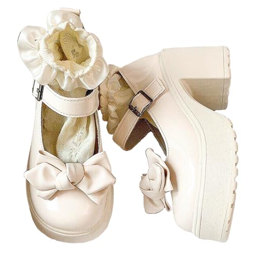 Sweet Lolita Mary Jane Shoes for Women Bow-Embellished PU Leather Chunky Sole Ballet Flats Versatile Kawaii Footwear