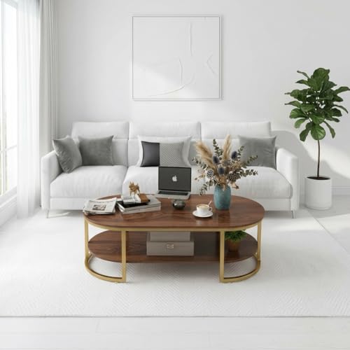 Image of NEST NATURE HAVEN Coffee Table for Office, Dining, Tea Room, Center Table for Living Room, Contemporary Simple Cocktail Table with Brown Desktop and Gold Metal Frame