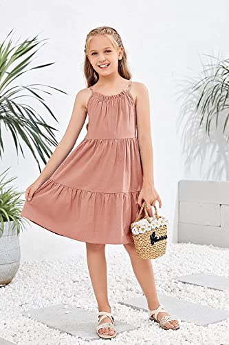 Fommykin Girl's Sundress Kids Spaghetti Strap Beach Linen Flowy Dress Cute Tiered Cami Tank Dress for 6-14 Years4