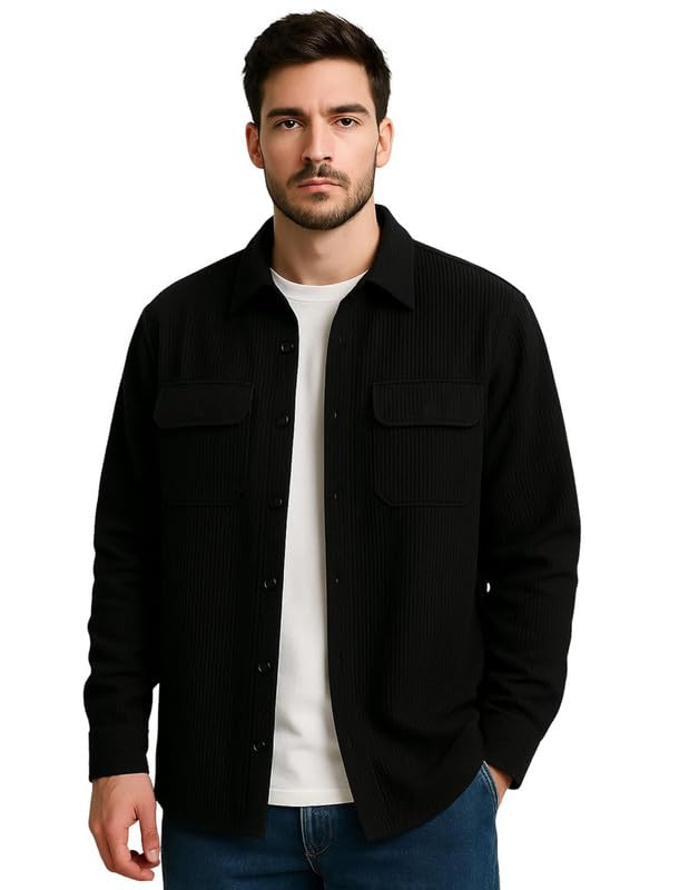 DEELMO Men’s Cotton Polyester Corduroy Shirt with Textured Pattern Spread Collar Full Sleeves Dual Pocket Front and Button Down Closure | Textured Shirts for Men | Shirts for Men Stylish