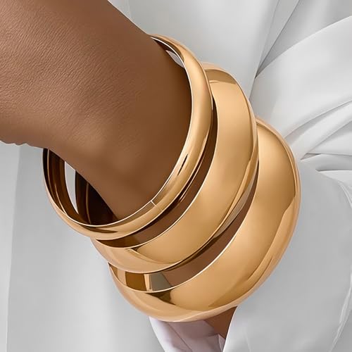 3 Pieces Gold Chunky Bracelets for Women Golden Bangles for Women Punk Style Wide Chunky Cuff Bracelets Stack4