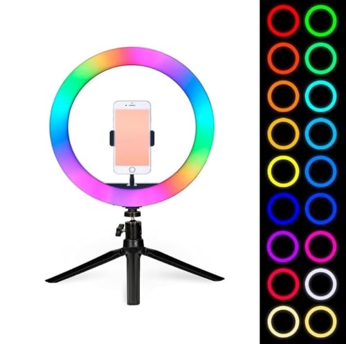 Aro de luz de 26cm de diámetro Led de 9 Colores con Soporte Ajustable Trípode más Anillo de luz RGB, Fotografía, Equipos de Estudio, Anillo de Iluminación, Vídeo (RGB + Mini Tripode)