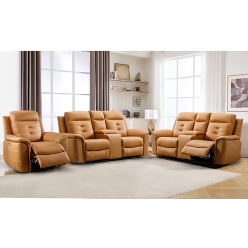 Image of ANJ 3-Piece Faux Leather Power Recliner Sofa Set with USB Charging Ports, Include Single Recliner Chair, 2-Seater Loveseat Set of 2 with Hidden Storage & Cup Holders, Yellow