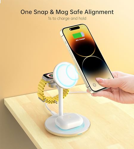 Image of XooFly 3 in 1 Magnetic Wireless Charging Station for Apple Devices,15W | Fast Charging Phone Charger Stand for Magsafe-enabled iPhone 17 16 15 14 13 12 Series, Apple Watch Ultra Airpod Pro, Gold