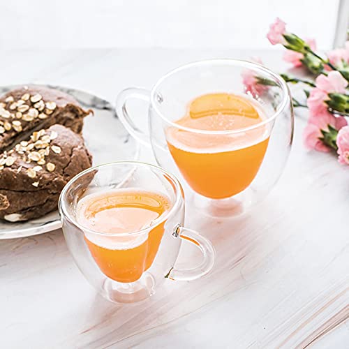 Tasse à café en forme de coeur à double paroi,URMAGIC 2 pièces 150/250ml Tasses en forme de coeur avec poignée, tasse à café en verre isolé transparent, tasse à thé isolée, tasse en verre Cover