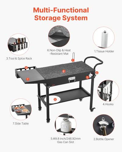 VEVOR Grillwagen Outdoor 787x432 mm (Tischplattengröße), Klappbarer Grilltisch mit Taschentuchhalter & Haken & Rädern & Seitentisch, Grillvorbereitungstisch Servierwagen für Picknick Küche Garten