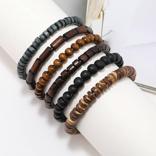 Eigso 6Pcs Wooden Beads Cuff Bracelets for Women Men Unisex Tibetan Buddhist Wrap Wood Wristband Bangle for Woman Man2