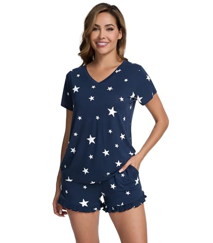 Image of WiWi Womens Pajamas Set Bamboo Viscose Super Soft Short Sleeve Top Ruffle Shorts Sleepwear Cooling Pj Sets S-XXL