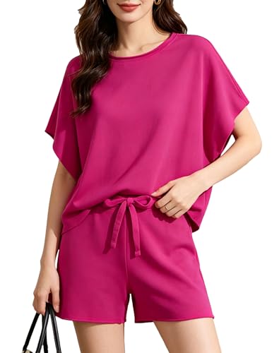 Image of Bozanly Womens Loungewear Set Short Sleeve Top and Shorts Oversized 2 Piece Outfits Solid Color /Striped Matching Pajama Sets