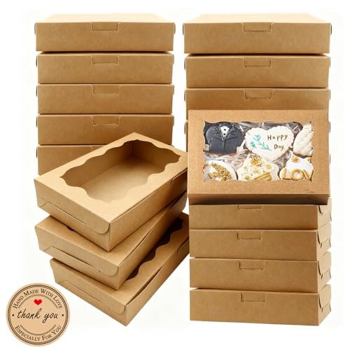 QingWing 20 Peças Caixa Kraft com Janela Transparente, 18 x 11 x 4cm Caixas Individuais para Queques, Caixas de Presente Kraft com 21 Adesivos Redondos, para Biscoitos e Sobremesas (Marrom)