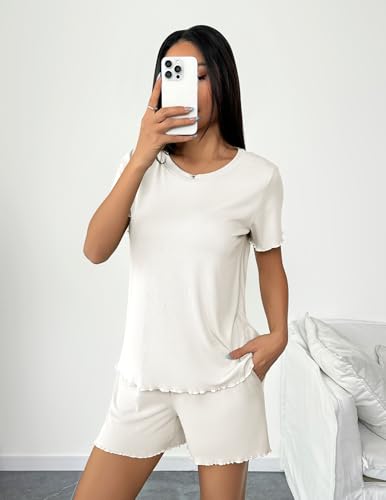 Image of Ekouaer 2 Packs Women Pajama Set Short Sleeve Sleepwear Soft Top and Shorts | Casual Pjs Outfits Ribbed Knit Lounge Set with Pockets