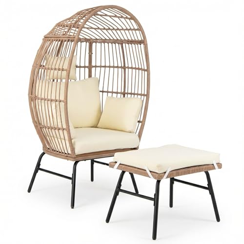 COSTWAY Fauteuil Œuf sur Pied avec Ottoman Charge 150KG, Chaise Relax en Osier avec Coussins et Oreillers Confortables Repose-Pieds, Fauteuil Surdimensionné...
