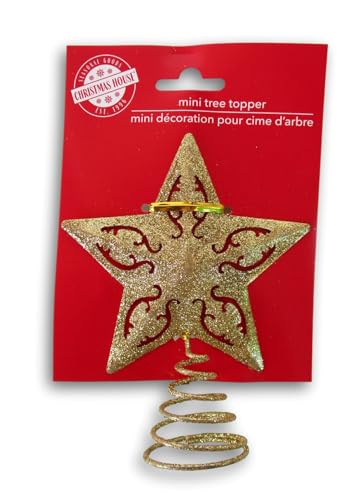 Glitter Miniature 5 Point Star Tree Topper - 5 Inches Tall - Spiral Base (Gold)
