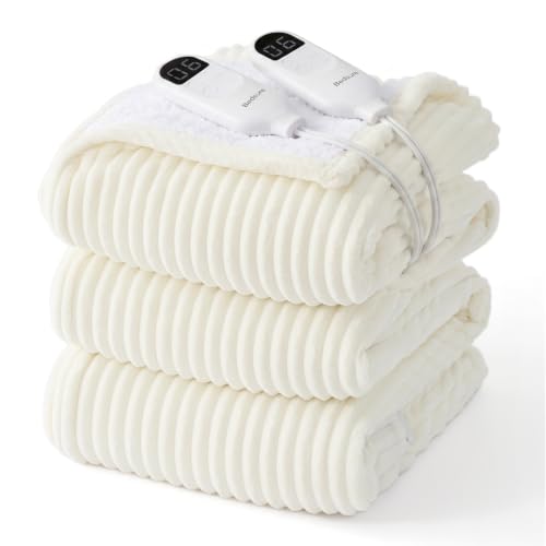 Image of Bedsure Ribbed Electric Blanket King, Coconut White Heated Blanket, Preheat