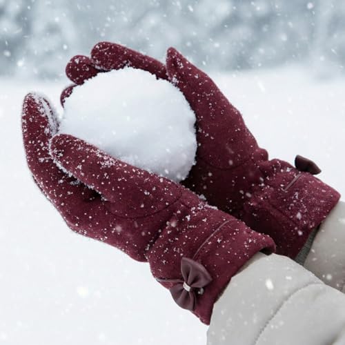 Image of Kraptick Women's Winter Thermal Gloves - Elegant Suede Fleece Lined Warm Full Finger Hand Gloves with Bow Knot - Windproof Soft Driving Mittens for Ladies & Girls (Free Size, Purple)-8