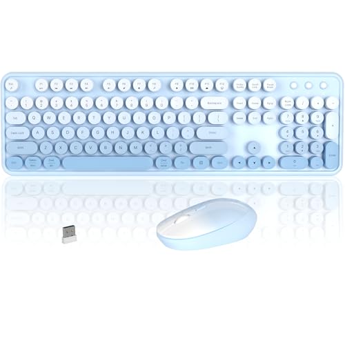 Colorful Wireless Keyboard and Mouse Combo, COVEVA 2.4GHz Wireless Retro Cute Round Keycaps Keyboard, 104 Keys Full-Sized Keyboard Mouse Set with Switch Button for PC Laptop Desktop (Blue Gradient)
