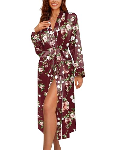 Image of Ekouaer Satin Robes for Women Long Sleeve Silk Bathrobe Soft Lightweight Full Length Sleepwear Bridesmaid Wedding Party Robes