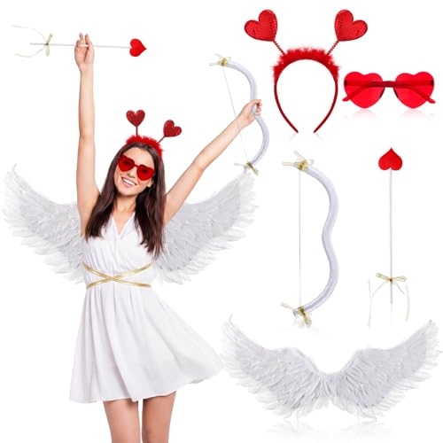 Coume Valentine Cupid Costume Accessories Set for Women Kid Angel Outfits Bow Arrow Heart Headwear Sunglasses Feather Wings(M White)