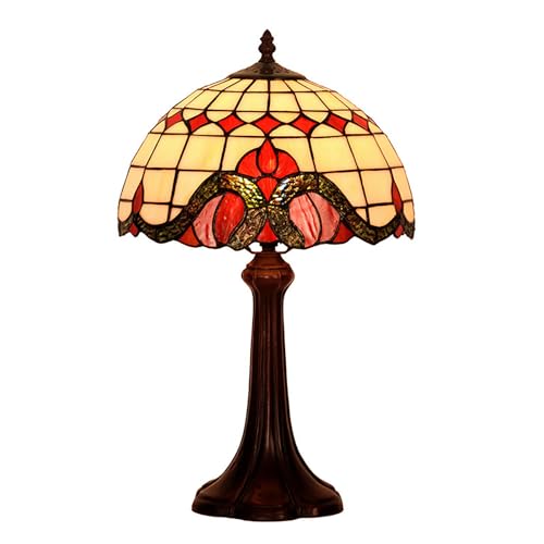 Dualbao Lámpara De Mesa Mediterránea Barroca Beige, con Vidrio Templado En Crema, Rojo, Azul Y Púrpura, Luz De Escritorio Clásica De Minimalismo para Leer Y Decoración del Salón,Rojo,12‘’