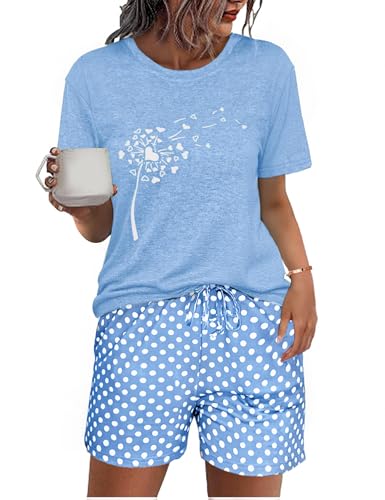 Uniexcosm Schlafanzug Damen Kurz Zweiteiler Pyjama Set Baumwolle Nachtwäsche Löwenzahnmuster Oberteil und Polka Dot Schlafshort Sleepshirt für Sommer Himmelblau M