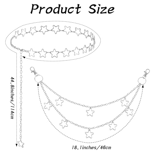 Xindojuz 2 PCS Star Belt, Silver Waist Chain Belt Adjustable Western Metal Jeans Pants Pocket Punk Hip Hop Wallet Chains for Women Men Body Belly Chain Goth Y2K Accessories2