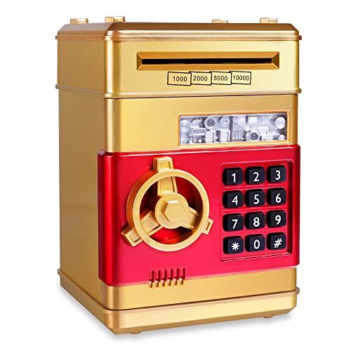 GuDoQi Piggy Bank, Cash Coin Money Bank with Safe Password Lock, Auto Scroll Paper Money Saving Box Toy, Best Birthday Gifts for Boys Girls Gold