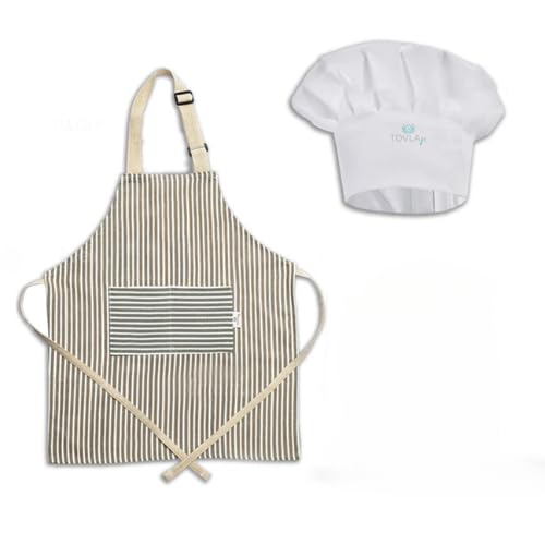 TOVLA JR. Apron and Hat Gift Set for Kids with Pocket for Boys and Girls, Comfortable Cotton Canvas for Baking and cooking