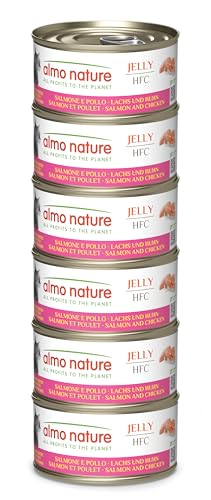 Almo Nature HFC Jelly - Nassfutter für ausgewachsene Katzen - Lachs & Huhn - Human Grade, Glutenfrei - 6 x 70g
