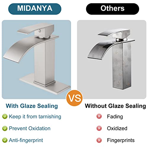 Midanya Brushed Nickel Bathroom Sink Faucet Waterfall Spout Single Handle 1 Hole Deck Mount Hot & Cold Water Mixer Tap Lavatory Vanity Sink Faucet Commercial With Deck Plate #TOP7