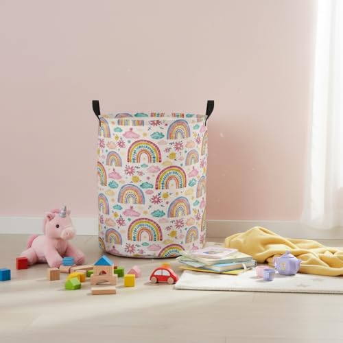 Image of Baby Laundry Hamper kids laundry Basket Waterproof Laundry Bag for Bedroom Clothes Organizer Room Decor(Pink Rainbow)