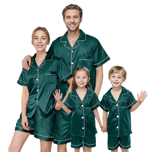 IFFEI Matching Family Silk Pajamas Set Satin Button Down Loungewear 2 Piece Top and Shorts Pjs for Couples with Pocket