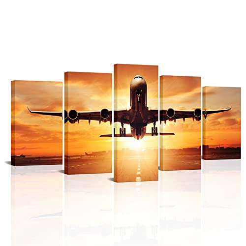 Tiuauit 5 Pieces Jet Plane Flying Over Runway Canvas Art Wall Art Military Airplane Giclee Prints Artwork Stretched And Framed Ready To Hang #TOP23