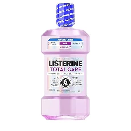 Listerine Total Care Alcohol-Free Mild Mouthwash, 6 Benefit Oral Rinse for a Healthier Mouth, Strengthen Enamel, Mild Mint Flavor, 1 L