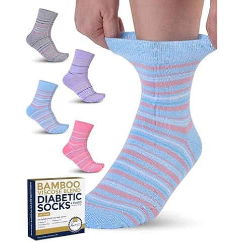 Pembrook Ankle Bamboo Viscose Diabetic Socks for Women & Men - 4 Pairs | Grey, Blue, Pink, Purple Stripes | Moisture Wicking Neuropathy Socks for Women | Stretch Top Womens Diabetic Socks Size 9-11 Cover
