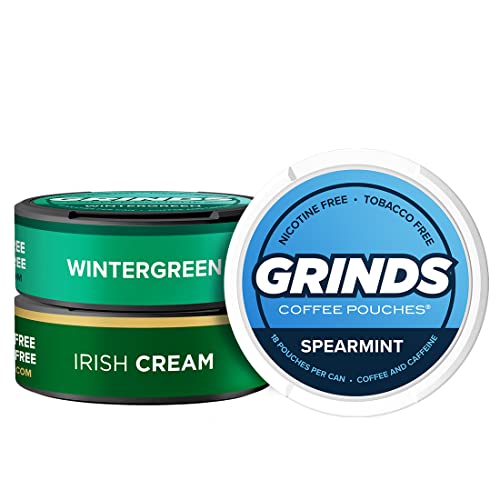 Grinds Coffee Pouches | 3 Can Sampler | Wintergreen, Spearmint, Irish Cream | Tobacco Free, Nicotine Free Healthy Alternative | 1 Pouch eq. 1/4 Cup of Coffee (3 Can Sampler Pack)