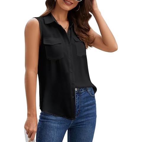YAMANMAN Women's Sleeveless Button Down Shirts Blouses Solid Casual Tank Top Loose V Neck Summer Top for Work Black Cover