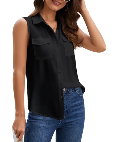 YAMANMAN Women's Sleeveless Button Down Shirts Blouses Solid Casual Tank Top Loose V Neck Summer Top for Work