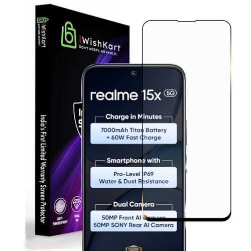 Image of compatible with Realme 15x 5G Tempered Glass [with warranty] screen protector guard Full Edge to Edge 9H Full Glue FHD with Easy Installation kit - Pack of 1 | 6.81 Inch | Realme15x | 15 x