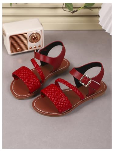 Image of GORGLITTER Girl's Leather Ankle Strap Flat Sandals Dressy Braided Round Open Toe Summer Vacation Beach Cute Sandals 2025