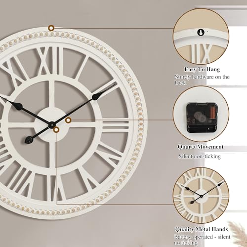 RiteSune 24 Inch Large Farmhouse Wall Clock, Rustic Wall Clock Decor, Wooden, Non-Ticking, Easy to Hang for Living Room, Bedroom, Kitchen