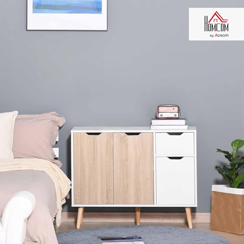 Homcom Mobiletto Multiuso Con Cassetto E Armadietti, Credenza Stile Nordico In Legno Per Camera, Soggiorno, Studio, 90X30X72 Cm, Bianco E Color Legno - 2