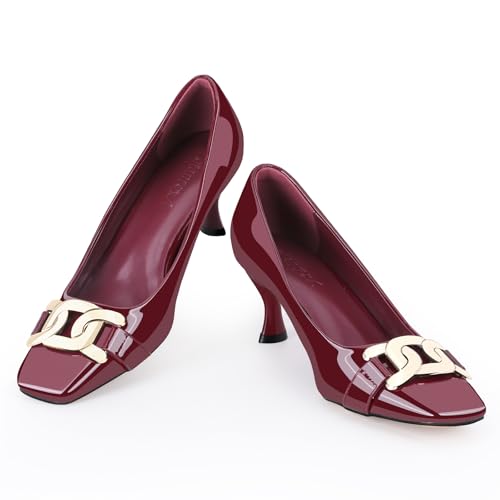 Zelaprox Women's Closed Square Toe Pumps,Low Kitten Heel Pumps Fashion Metal Slip On Stiletto Wedding Party Comfortable Dress Pump Shoes, Wine, 9.5