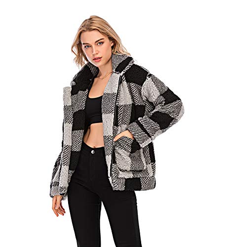 Women's Fuzzy Fleece Sherpa Plaid Faux Fur Jacket Zipper Warm Winter Shearling Oversized Outwear Coat (L, Black) #TOP3
