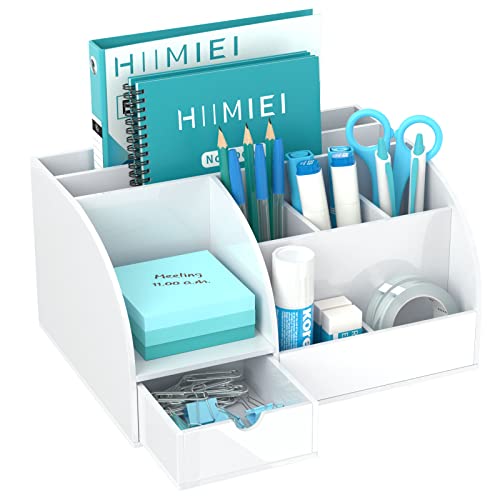 HIIMIEI Desk Organizer Acrylic White Desk Organizer Office Desk Organizers and Accessories with 8 Compartments & 1 Drawer for Desktop Office Home School